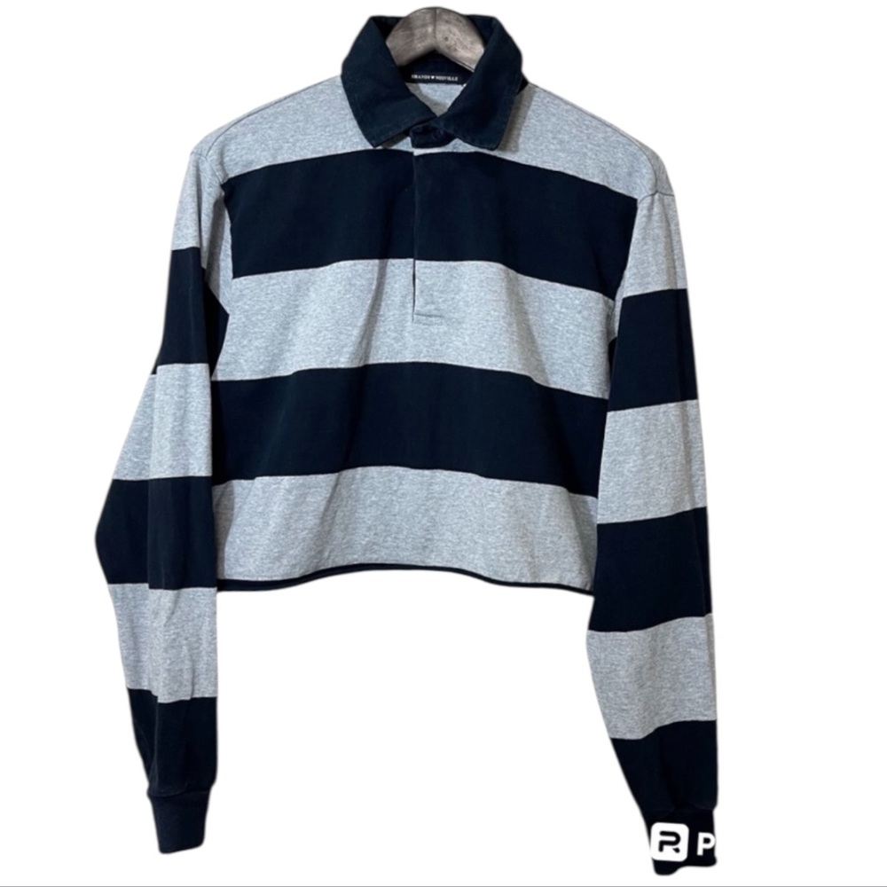 Brandy Melville Cropped Polo Rugby Shirt No Size Stripes Navy Blue Grey